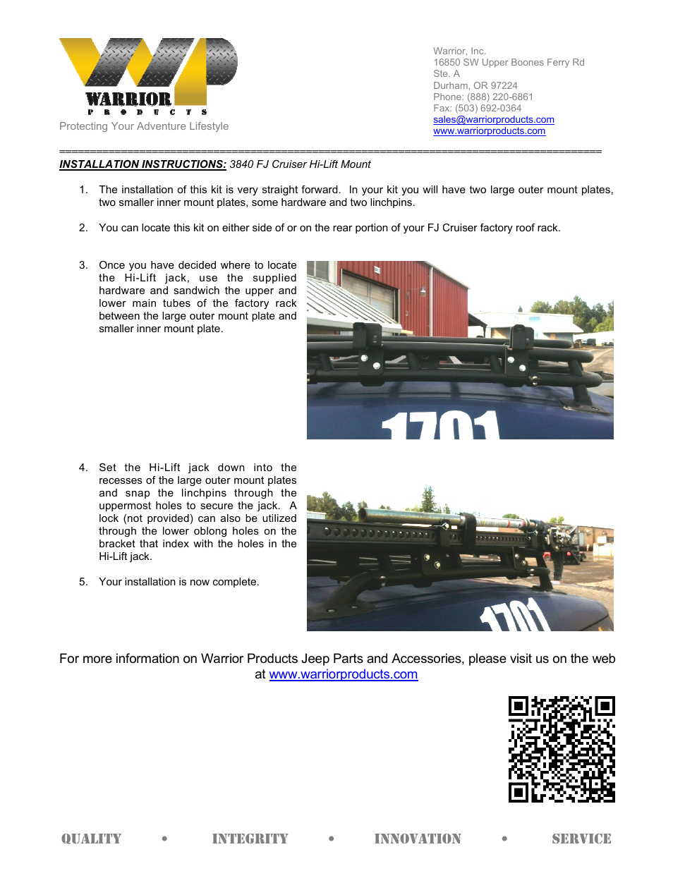 Warrior 3840 FJ Cruiser Hi-Lift Mount (Universal) User Manual | 1 page