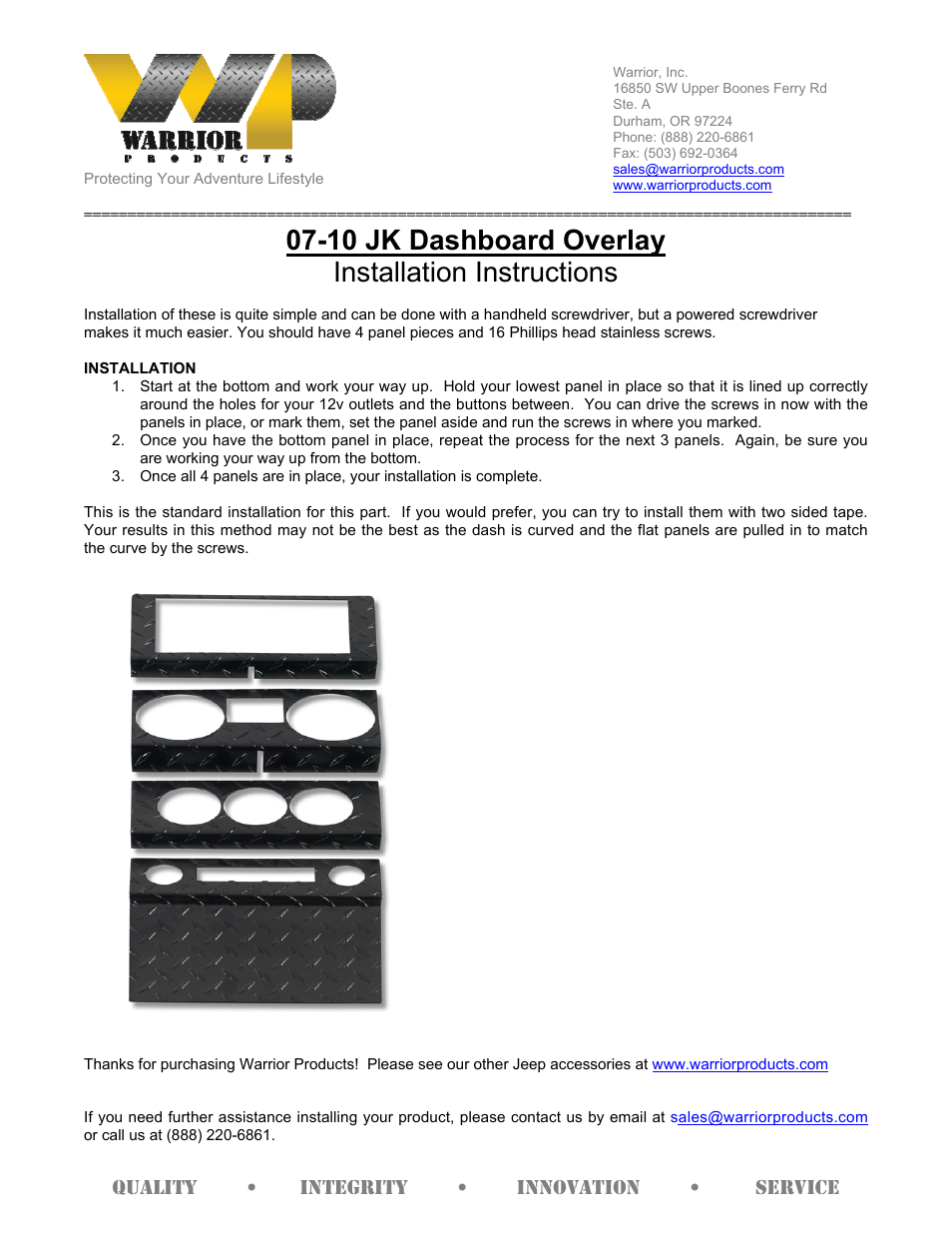 Warrior Dashboard Overlay (2007 – 2013 Jeep JK Wrangler) User Manual | 1 page