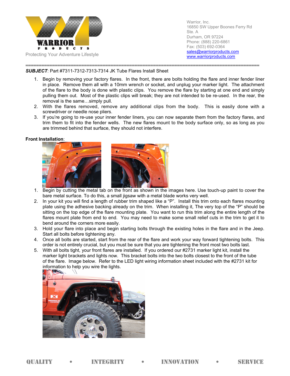 Warrior 7311-7312-7313-7314 JK Tube Flares (2007 – 2013 Jeep JK Wrangler) User Manual | 2 pages