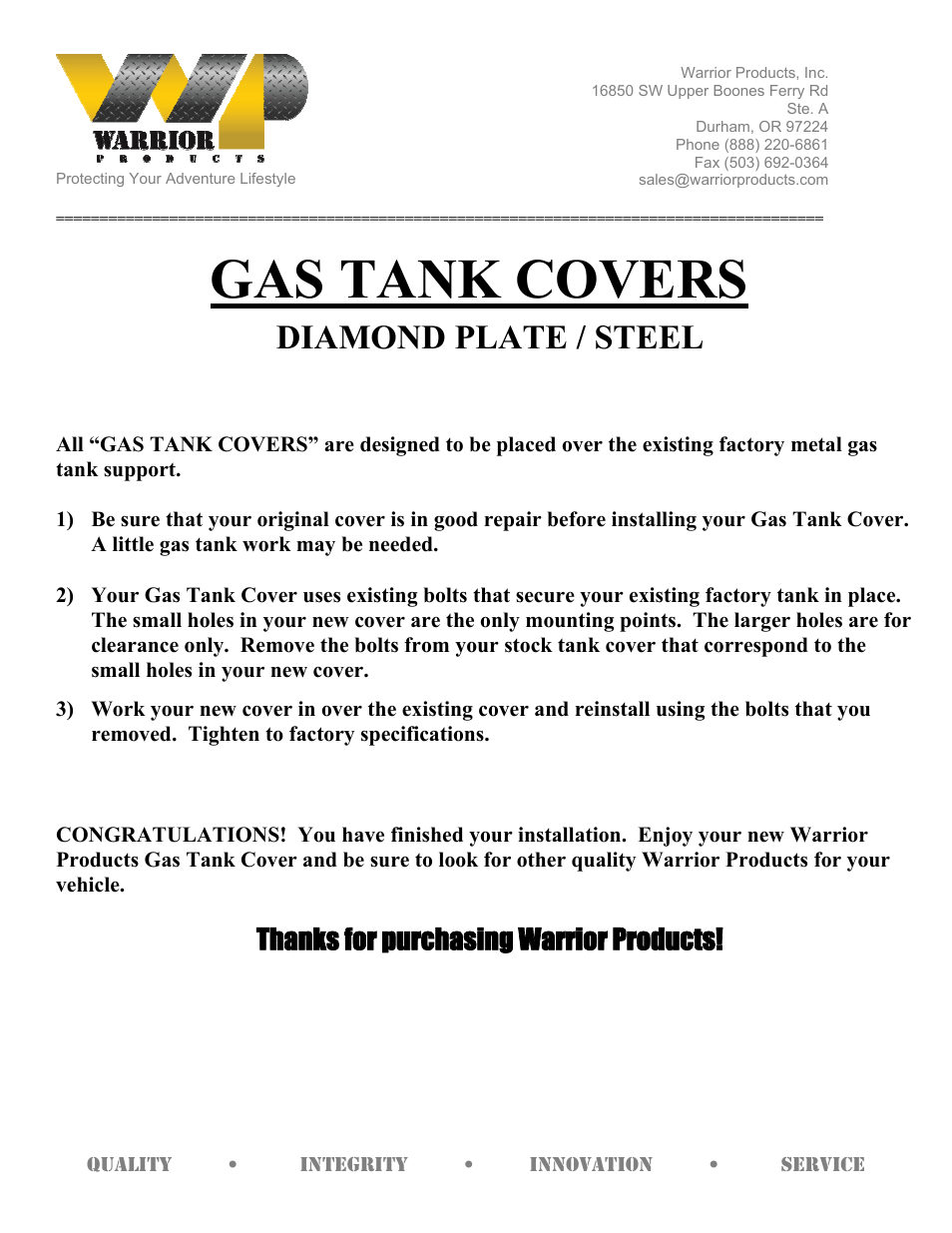 Warrior GAS TANK COVERS (1987 – 1996 Jeep YJ Wrangler) User Manual | 1 page