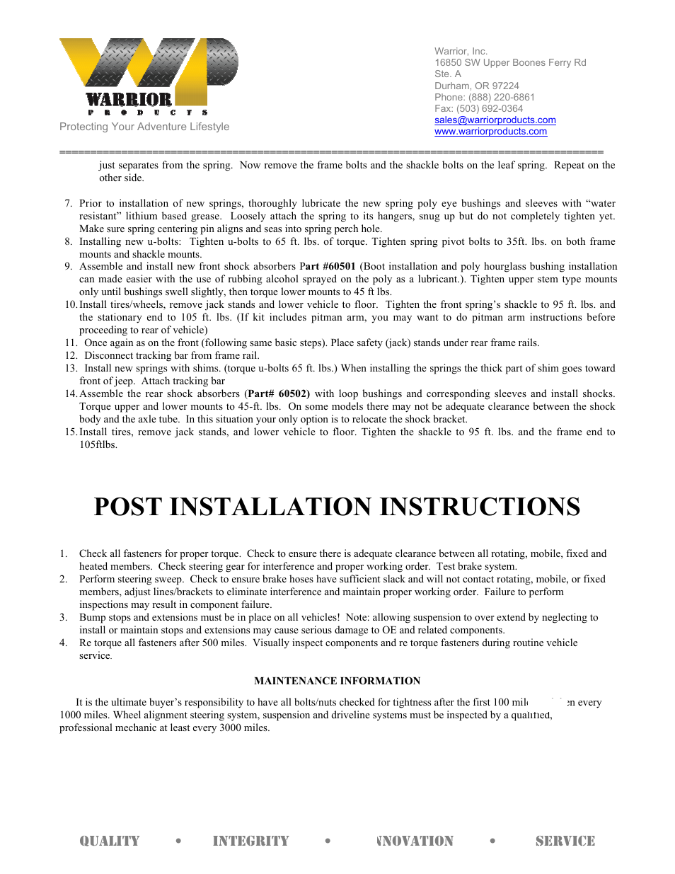 Post installation instructions | Warrior 30631 LIFT KIT (1987 – 1996 Jeep YJ Wrangler) User Manual | Page 2 / 3