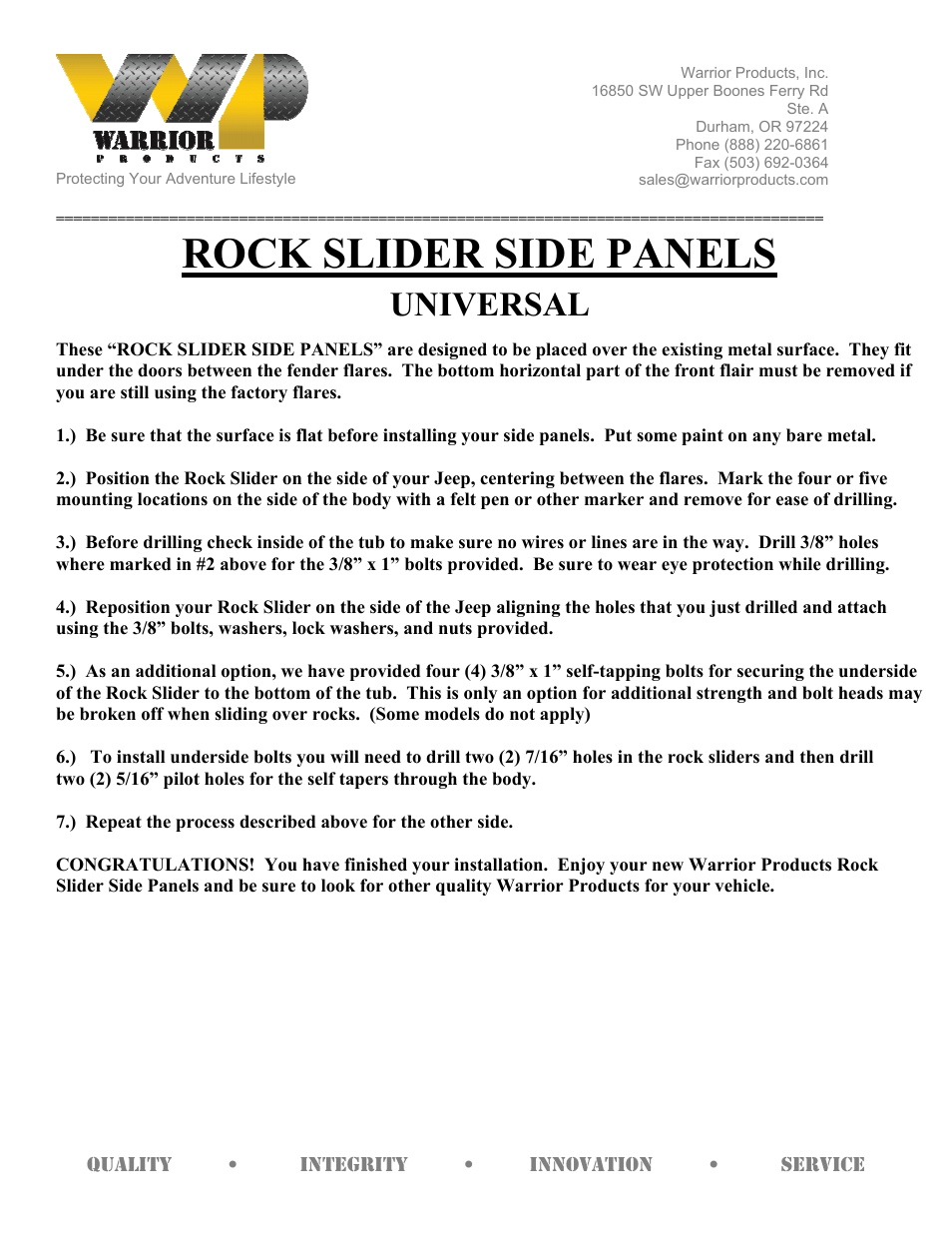 Warrior ROCK SLIDER SIDE PANELS (1976 – 1983 Jeep CJ5, 1976 – 1986 Jeep CJ7) User Manual | 1 page