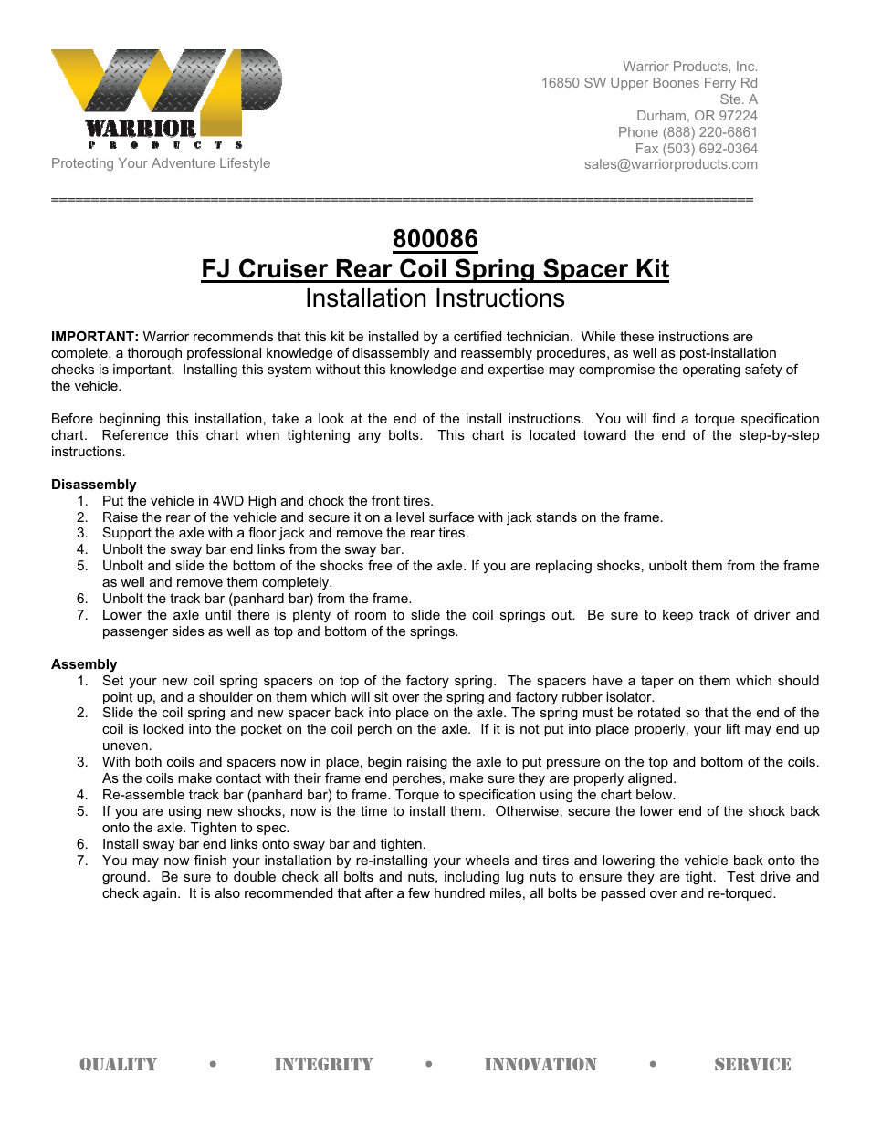 Warrior 800086 Rear Coil Spring Spacer Kit (2007-2013 FJ Cruiser) User Manual | 2 pages
