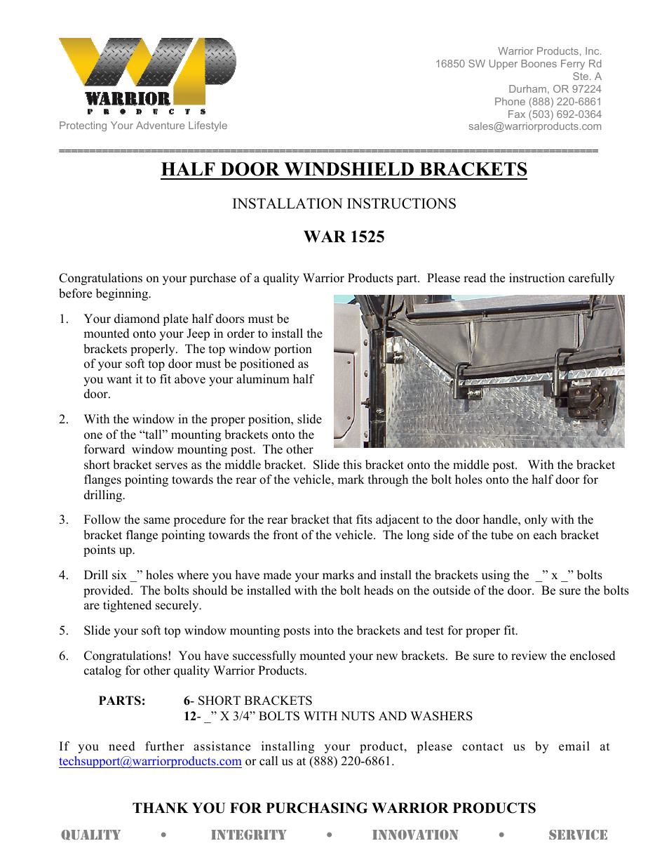 Warrior 1525 HALF DOOR WINDSHIELD BRACKETS (1987 – 1996 Jeep YJ Wrangler) User Manual | 1 page
