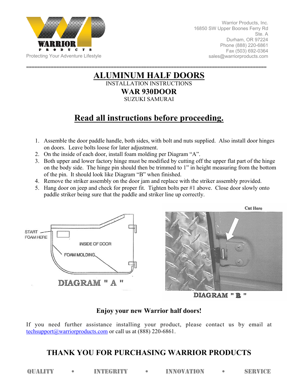 Warrior 930DOOR ALUMINUM HALF DOORS (1986 – 1992 Suzuki Samurai) User Manual | 1 page