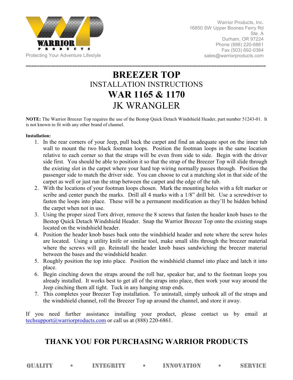 Warrior 1170 BREEZER TOP (2007 – 2013 Jeep JK Wrangler) User Manual | 1 page