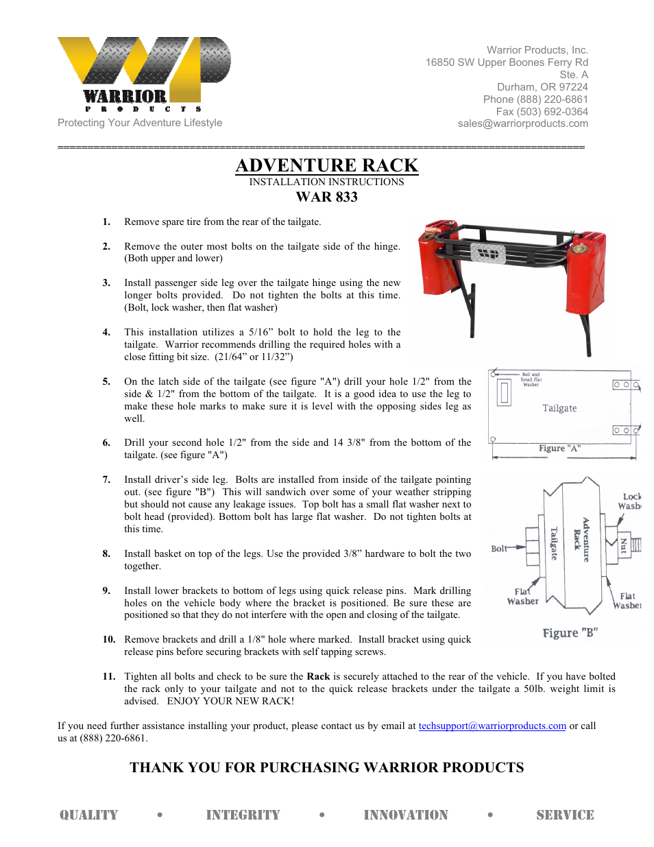 Warrior 833 ADVENTURE RACK (1987 – 1996 Jeep YJ Wrangler) User Manual | 1 page