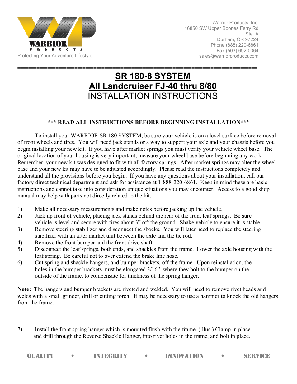 Warrior SR 180-8 SYSTEM (1960 – 1984 Toyota FJ40 Landcruiser) User Manual | 2 pages