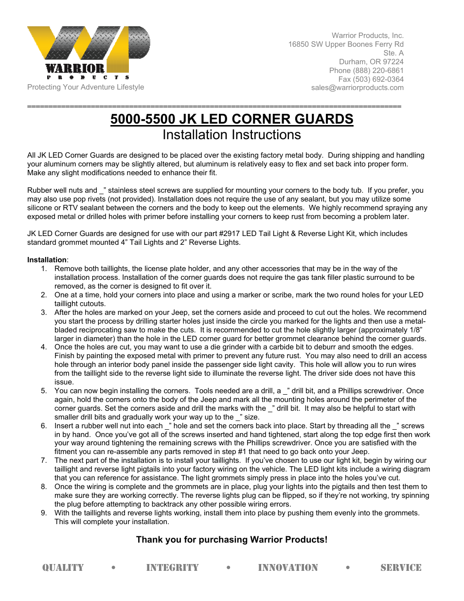 Warrior 5000-5500 JK LED CORNER GUARDS (2007 – 2013 Jeep JK Wrangler) User Manual | 1 page