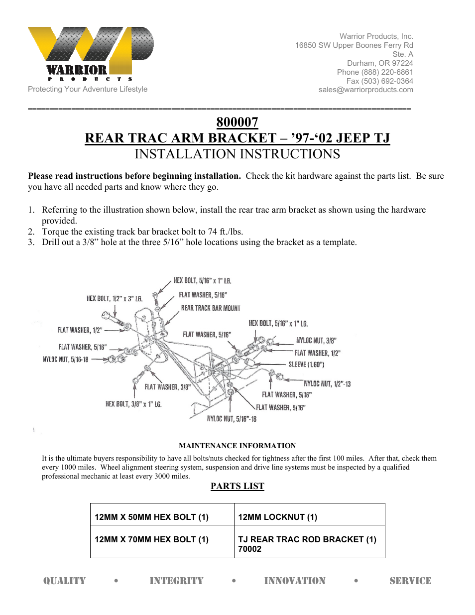 Warrior 800007 REAR TRAC ARM BRACKET (1997 – 2006 Jeep TJ Wrangler) User Manual | 1 page