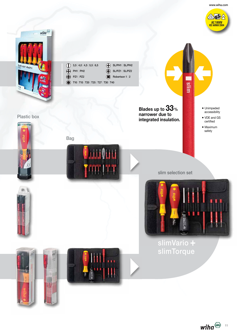 Slimvario, Slimtorque, Blades up to | Narrower due to integrated insulation, Slim selection set, Bag plastic box | Wiha Tools VDE tools brochure User Manual | Page 11 / 68