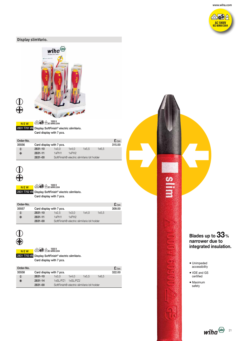 Blades up to, Narrower due to integrated insulation, Display slimvario | Wiha Tools VDE tools brochure User Manual | Page 21 / 68