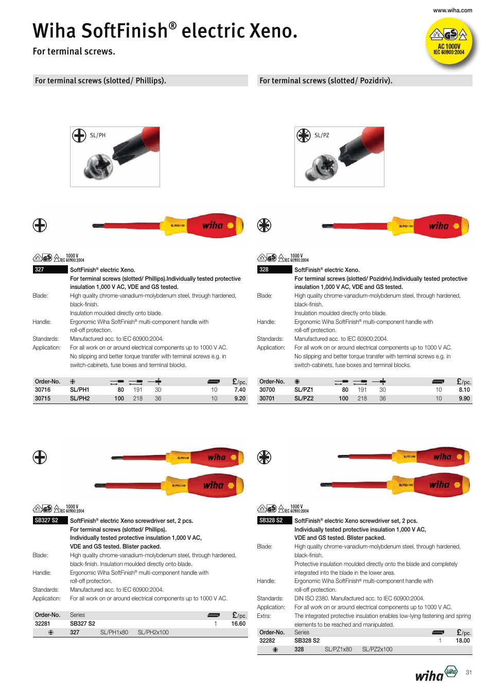 Wiha softfinish, Electric xeno, For terminal screws | For terminal screws (slotted/ phillips), For terminal screws (slotted/ pozidriv) | Wiha Tools VDE tools brochure User Manual | Page 31 / 68