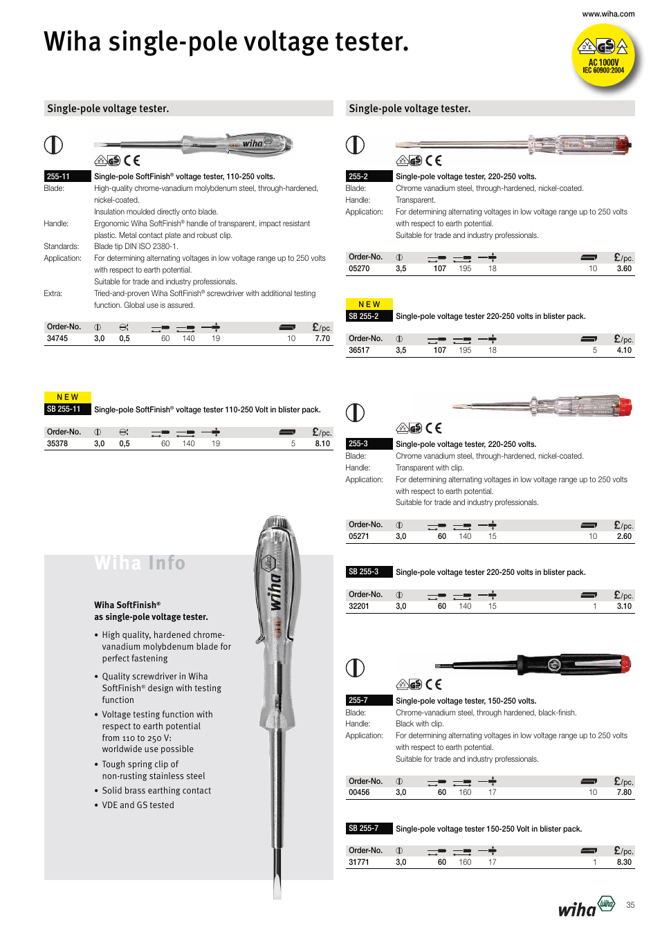 Wiha single-pole voltage tester, Wiha info, Single-pole voltage tester | Wiha Tools VDE tools brochure User Manual | Page 35 / 68