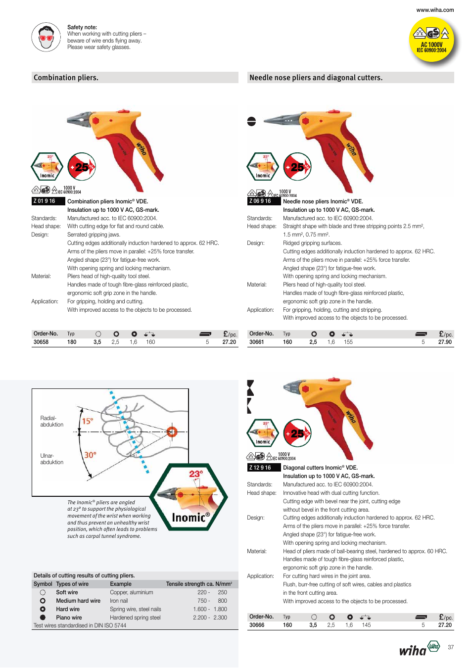 Combination pliers, Needle nose pliers and diagonal cutters | Wiha Tools VDE tools brochure User Manual | Page 37 / 68