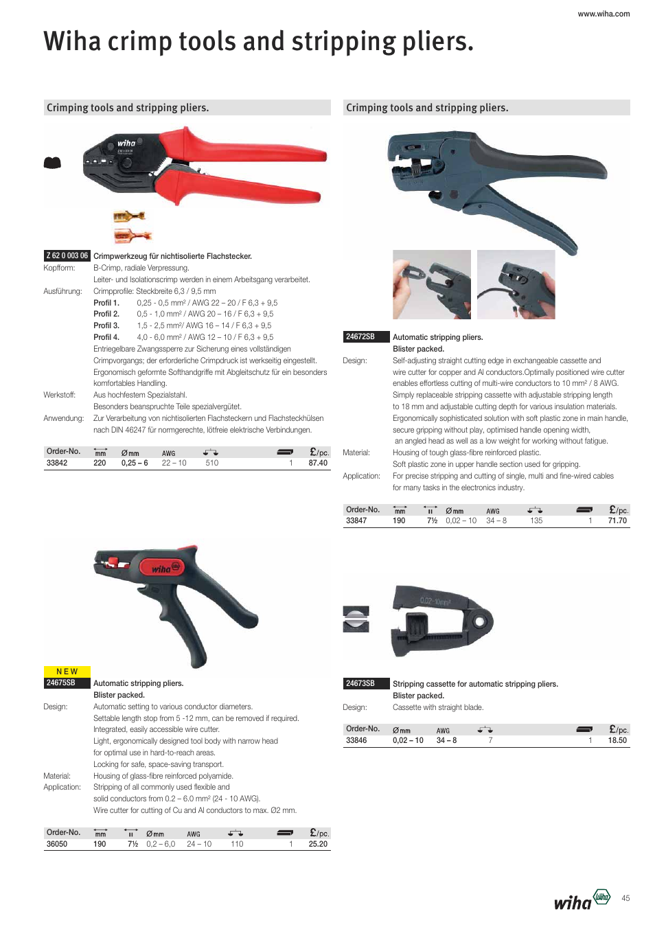 Wiha crimp tools and stripping pliers, Crimping tools and stripping pliers | Wiha Tools VDE tools brochure User Manual | Page 45 / 68