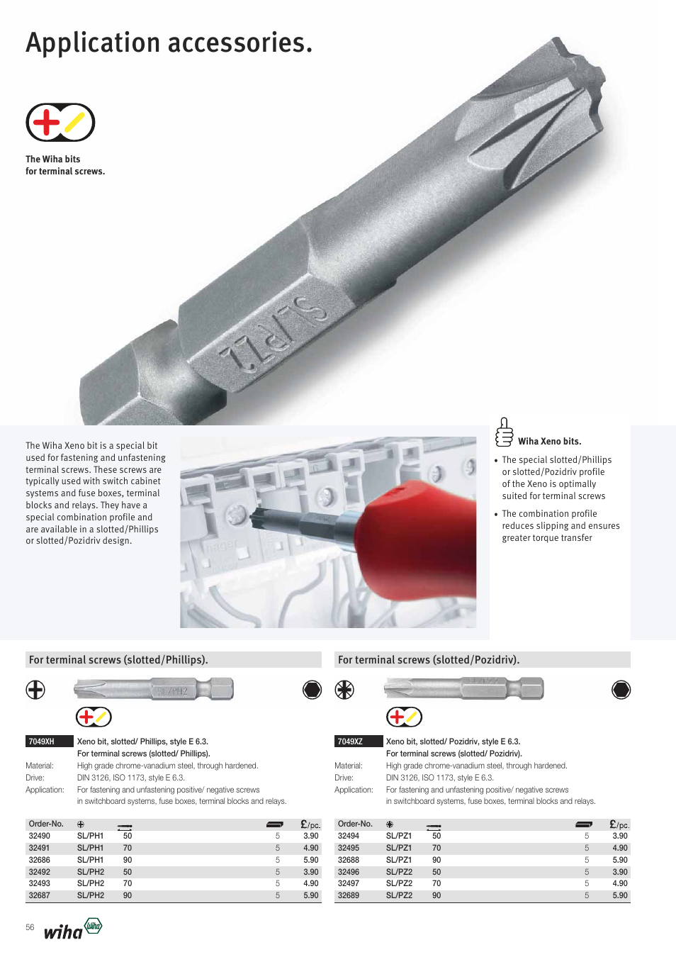 Application accessories, For terminal screws (slotted/phillips), For terminal screws (slotted/pozidriv) | Wiha Tools VDE tools brochure User Manual | Page 56 / 68