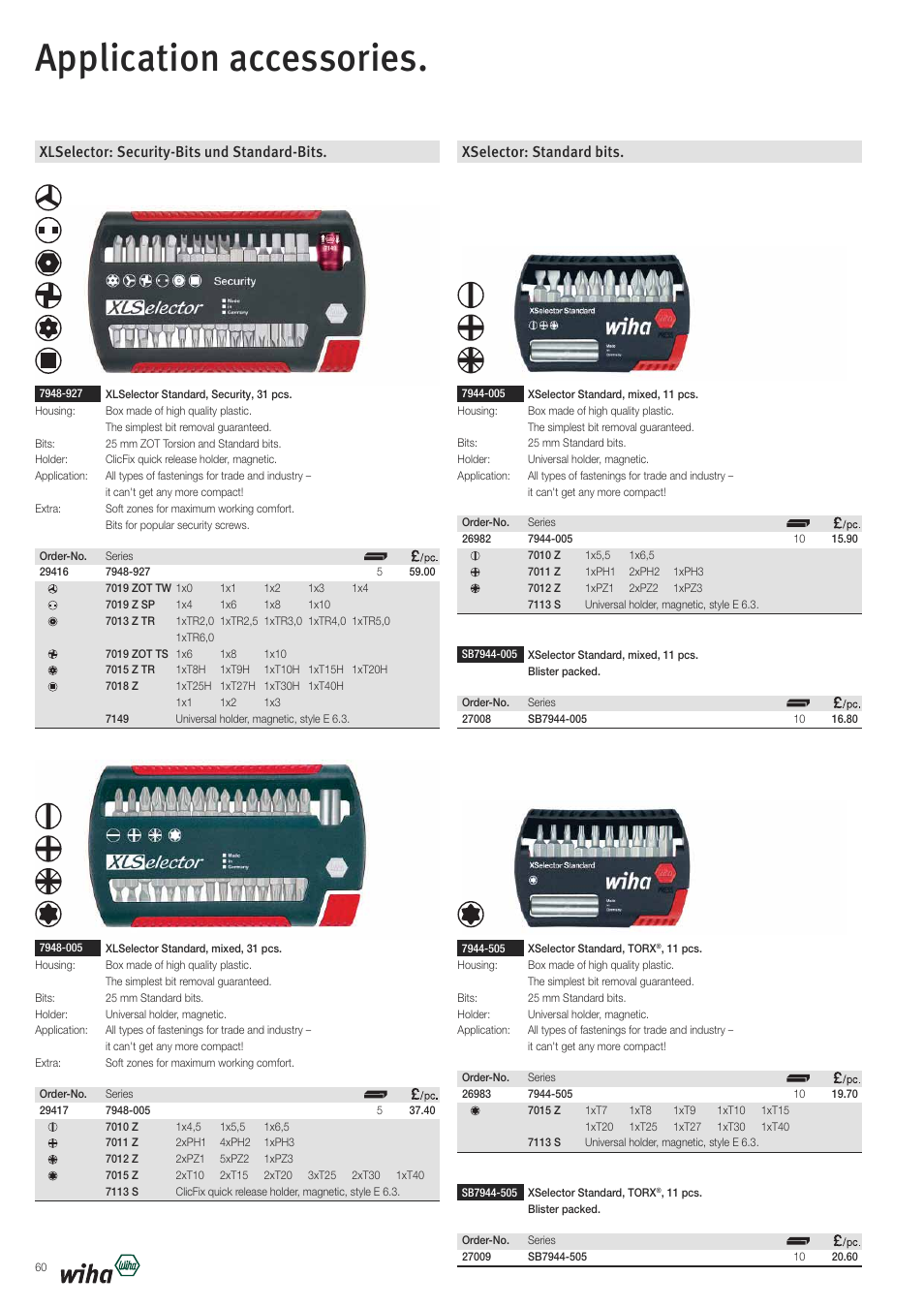 Application accessories, Xlselector: security-bits und standard-bits, Xselector: standard bits | Wiha Tools VDE tools brochure User Manual | Page 60 / 68