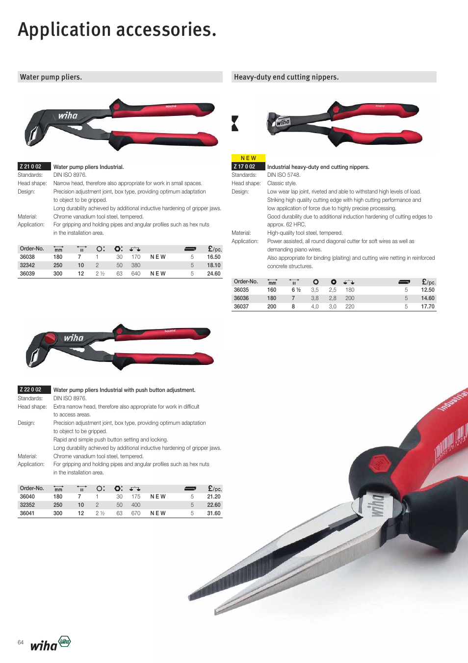 Application accessories, Water pump pliers. heavy-duty end cutting nippers | Wiha Tools VDE tools brochure User Manual | Page 64 / 68