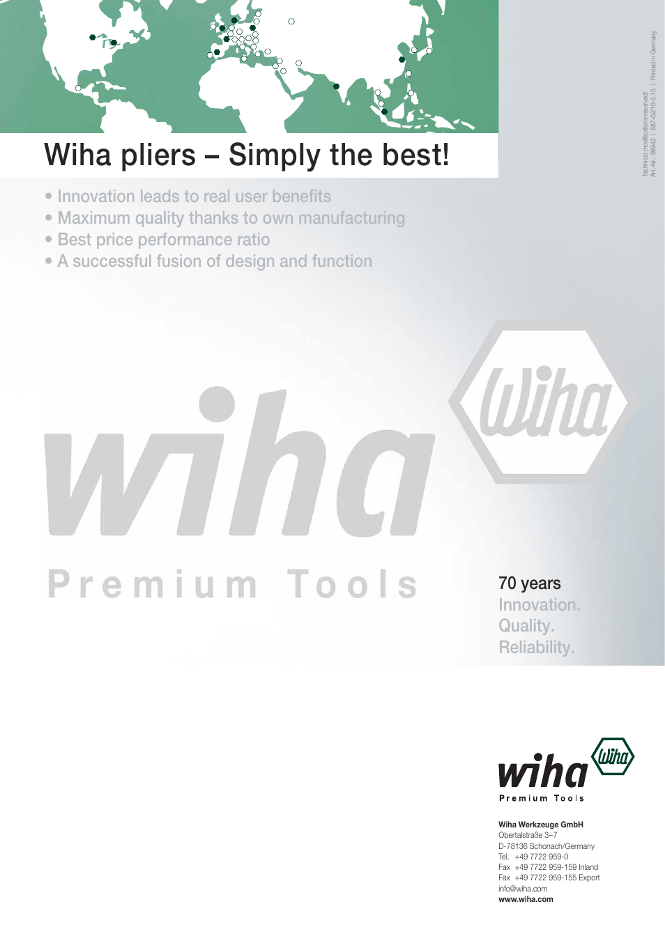Wiha pliers – simply the best, 70 years innovation. quality. reliability | Wiha Tools Pliers brochure User Manual | Page 8 / 8
