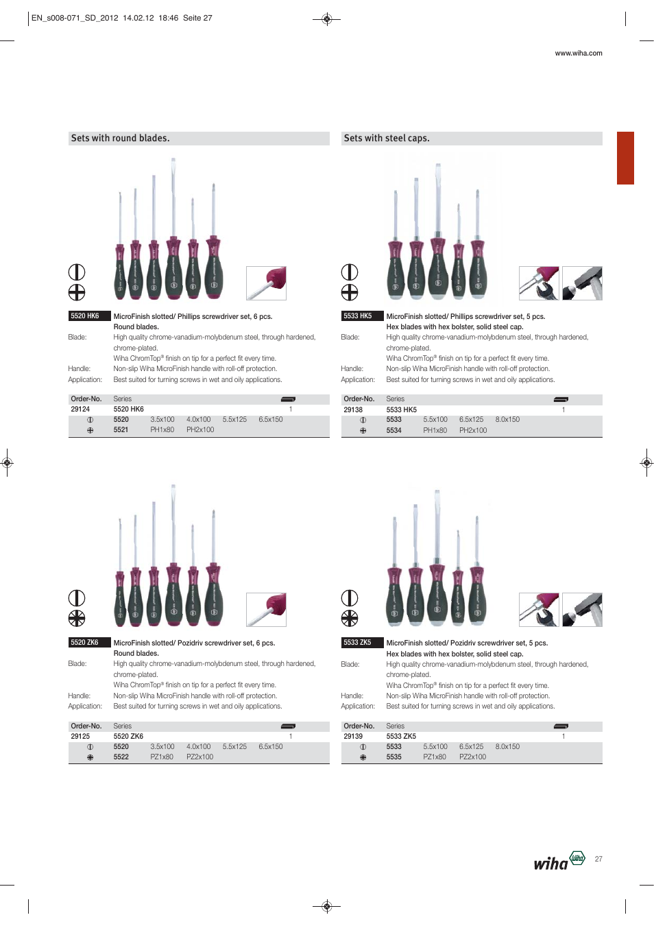 Sets with round blades, Sets with steel caps | Wiha Tools Screwdrivers User Manual | Page 20 / 64