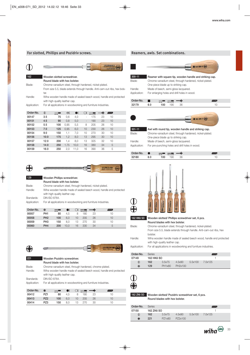 For slotted, phillips and pozidriv screws, Reamers, awls. set combinations | Wiha Tools Screwdrivers User Manual | Page 26 / 64