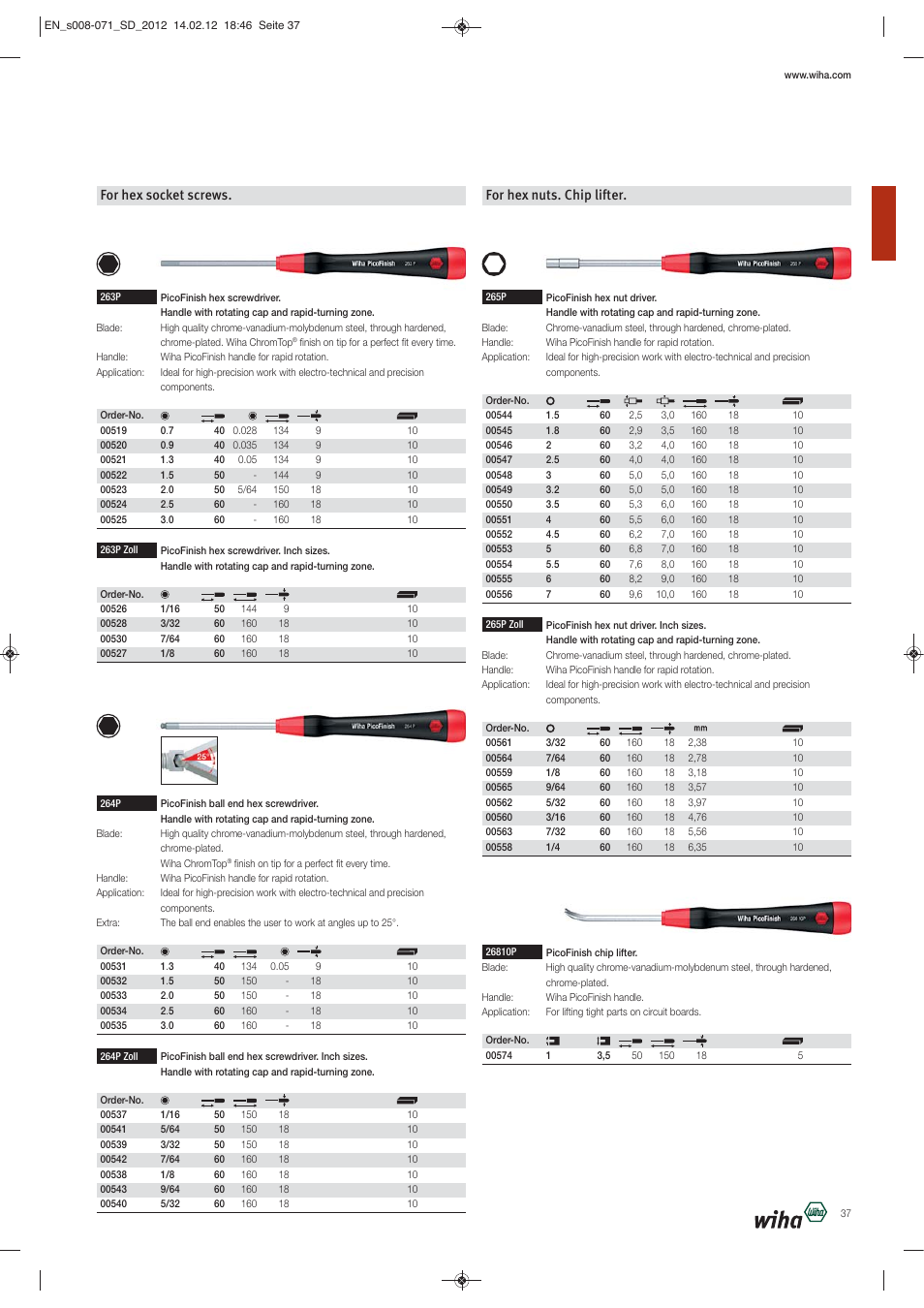 For hex socket screws, For hex nuts. chip lifter | Wiha Tools Screwdrivers User Manual | Page 30 / 64