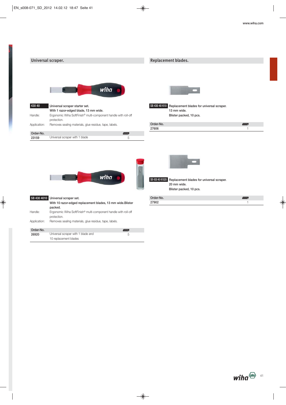 Universal scraper, Replacement blades | Wiha Tools Screwdrivers User Manual | Page 34 / 64