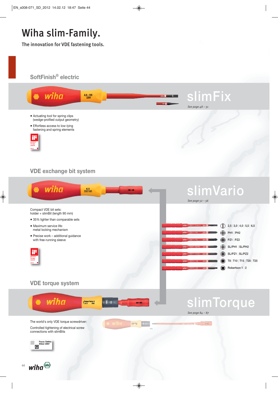 Slimfix slimvario slimtorque, Wiha slim-family, Softfinish | Electric, Vde exchange bit system, Vde torque system, The innovation for vde fastening tools | Wiha Tools Screwdrivers User Manual | Page 37 / 64