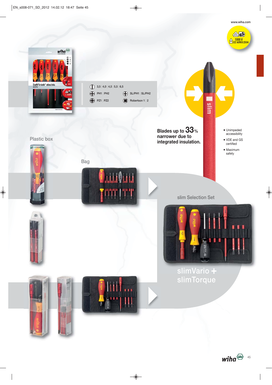 Slimvario, Slimtorque, Blades up to | Narrower due to integrated insulation, Slim selection set, Bag plastic box bag | Wiha Tools Screwdrivers User Manual | Page 38 / 64