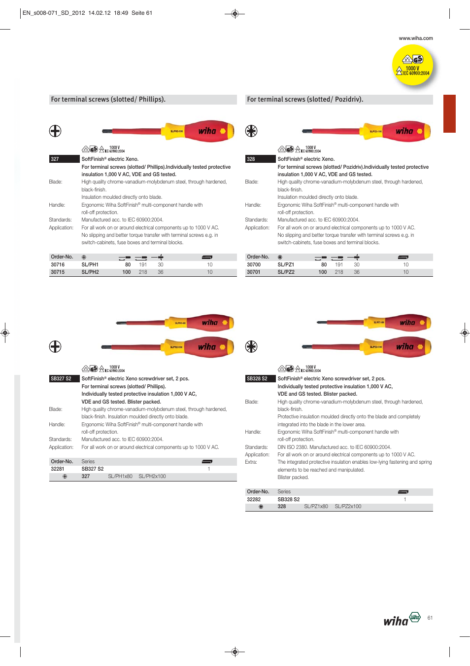 For terminal screws (slotted/ phillips), For terminal screws (slotted/ pozidriv) | Wiha Tools Screwdrivers User Manual | Page 54 / 64