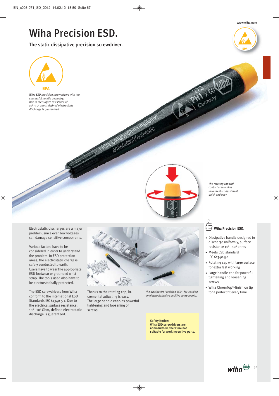 Wiha precision esd, The static dissipative precision screwdriver | Wiha Tools Screwdrivers User Manual | Page 60 / 64