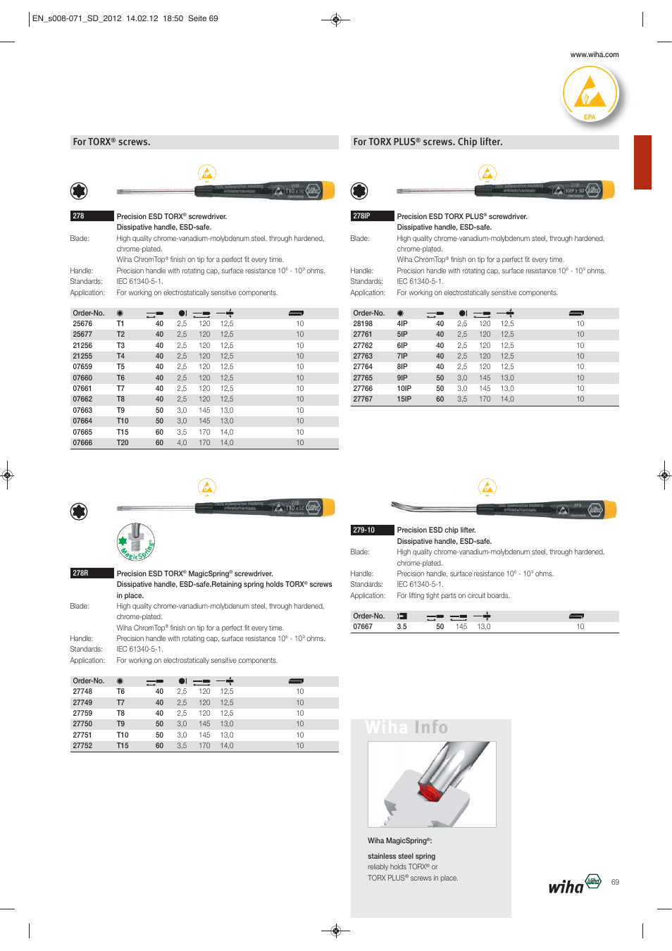 Wiha info, For torx, Screws | For torx plus, Screws. chip lifter | Wiha Tools Screwdrivers User Manual | Page 62 / 64