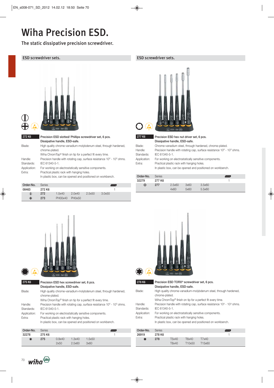 Wiha precision esd, The static dissipative precision screwdriver, Esd screwdriver sets | Wiha Tools Screwdrivers User Manual | Page 63 / 64