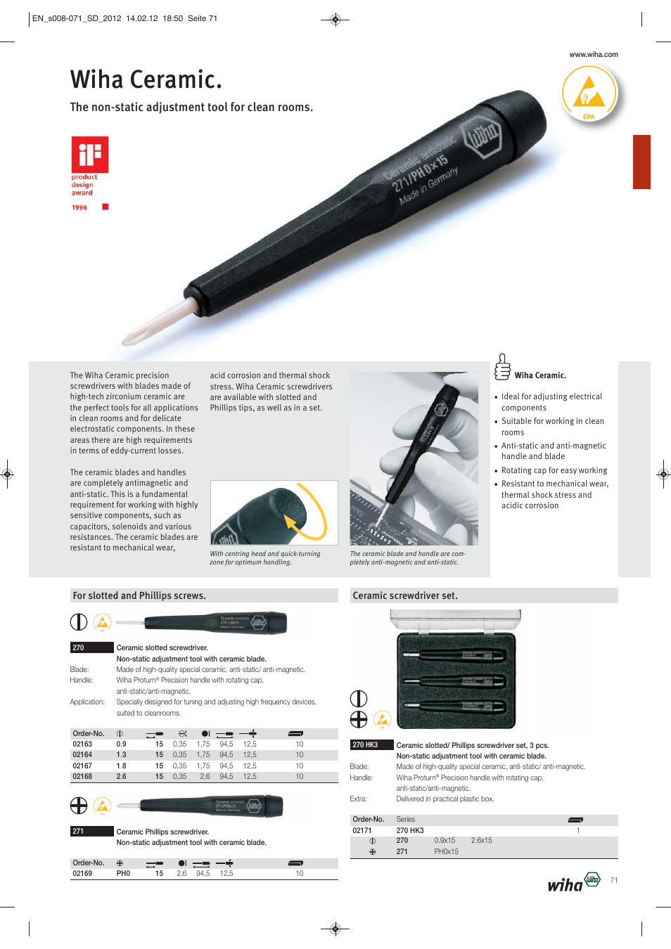 Wiha ceramic, The non-static adjustment tool for clean rooms, For slotted and phillips screws | Ceramic screwdriver set | Wiha Tools Screwdrivers User Manual | Page 64 / 64