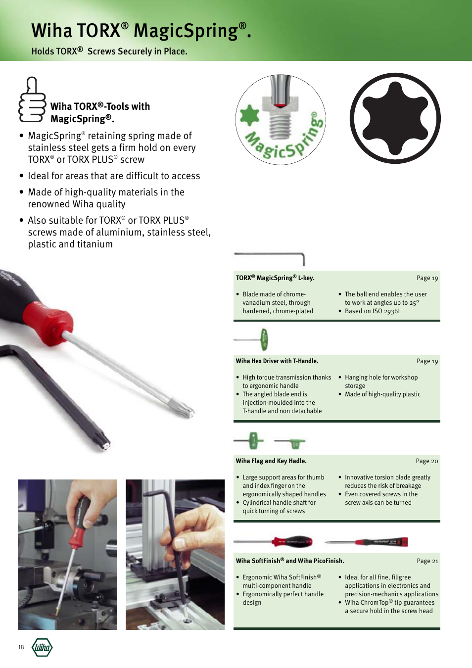 Wiha torx, Tools with magicspring, Magicspring | Or torx plus, Holds torx, Screws securely in place | Wiha Tools Manufacturing Tools brochure User Manual | Page 18 / 60