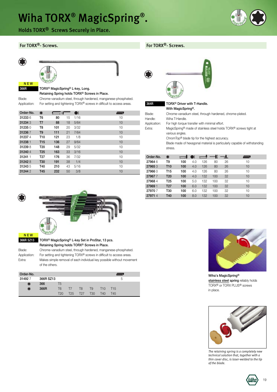 Wiha torx, Magicspring, Holds torx | Screws securely in place, For torx, Screws | Wiha Tools Manufacturing Tools brochure User Manual | Page 19 / 60