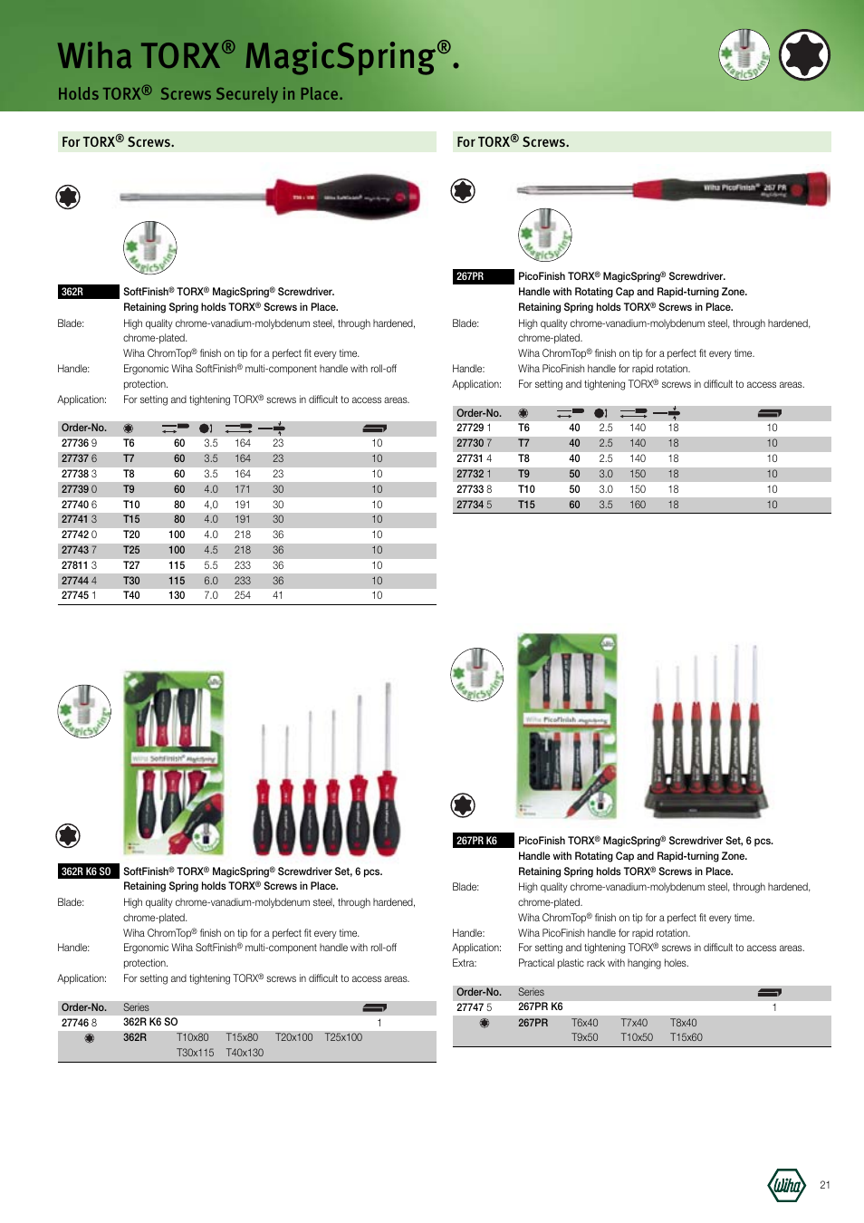 Wiha torx, Magicspring, Holds torx | Screws securely in place, For torx, Screws | Wiha Tools Manufacturing Tools brochure User Manual | Page 21 / 60