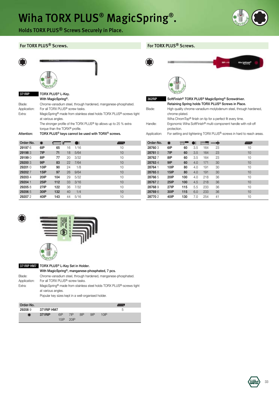 Wiha torx plus, Magicspring, Holds torx plus | Screws securely in place, For torx plus, Screws | Wiha Tools Manufacturing Tools brochure User Manual | Page 33 / 60