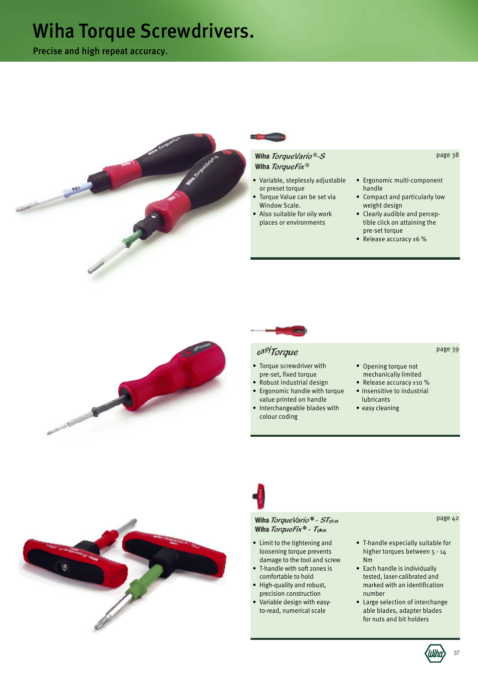 Wiha torque screwdrivers, Precise and high repeat accuracy | Wiha Tools Manufacturing Tools brochure User Manual | Page 37 / 60