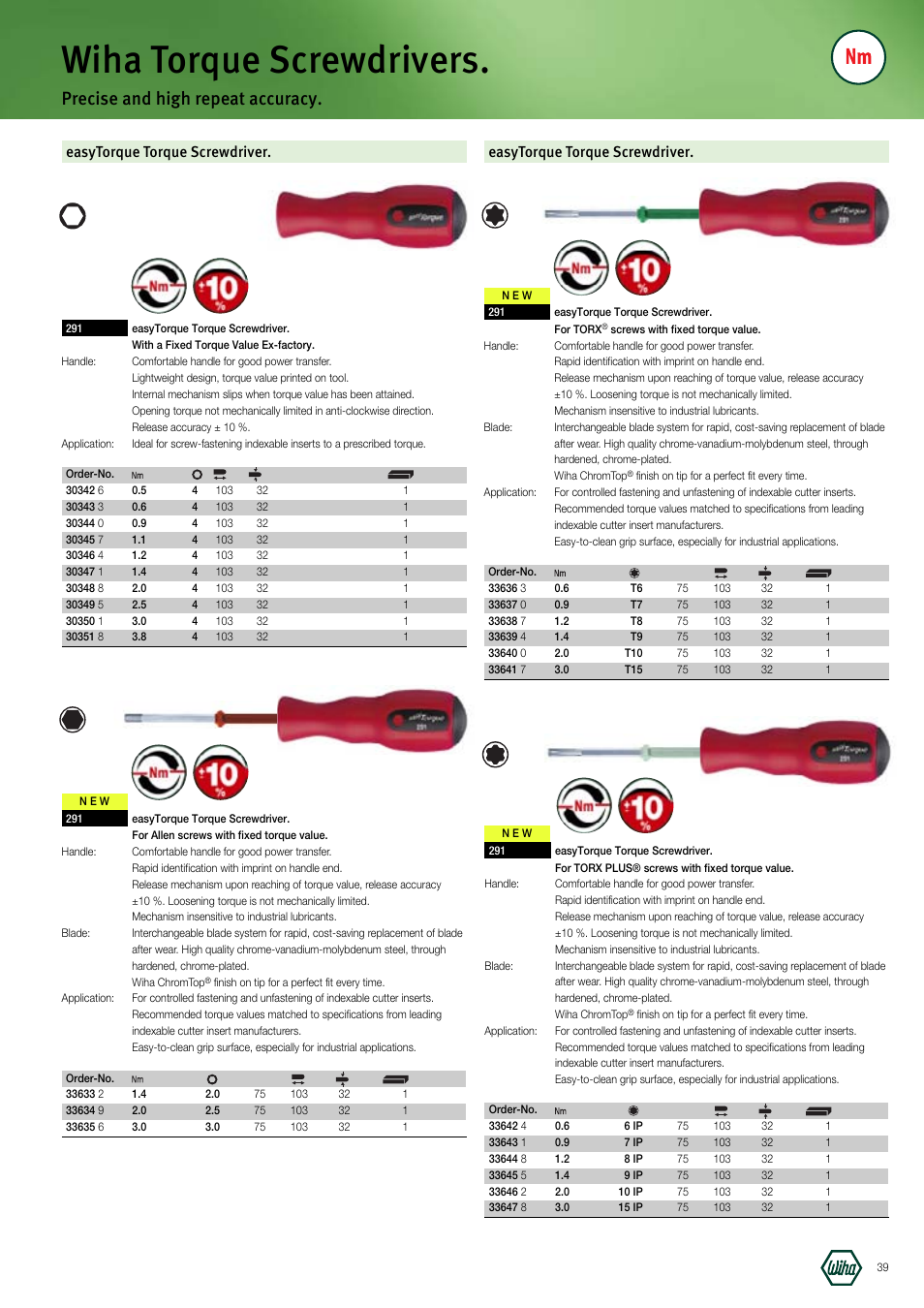 Wiha torque screwdrivers, Precise and high repeat accuracy, Easytorque torque screwdriver | Wiha Tools Manufacturing Tools brochure User Manual | Page 39 / 60