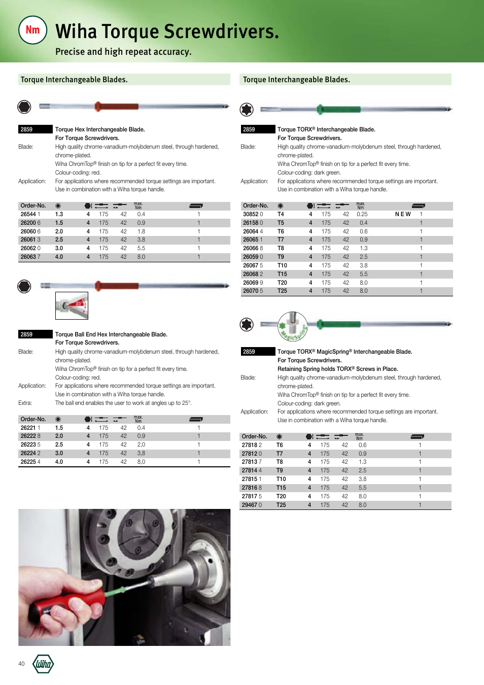 Wiha torque screwdrivers, Precise and high repeat accuracy, Torque interchangeable blades | Wiha Tools Manufacturing Tools brochure User Manual | Page 40 / 60