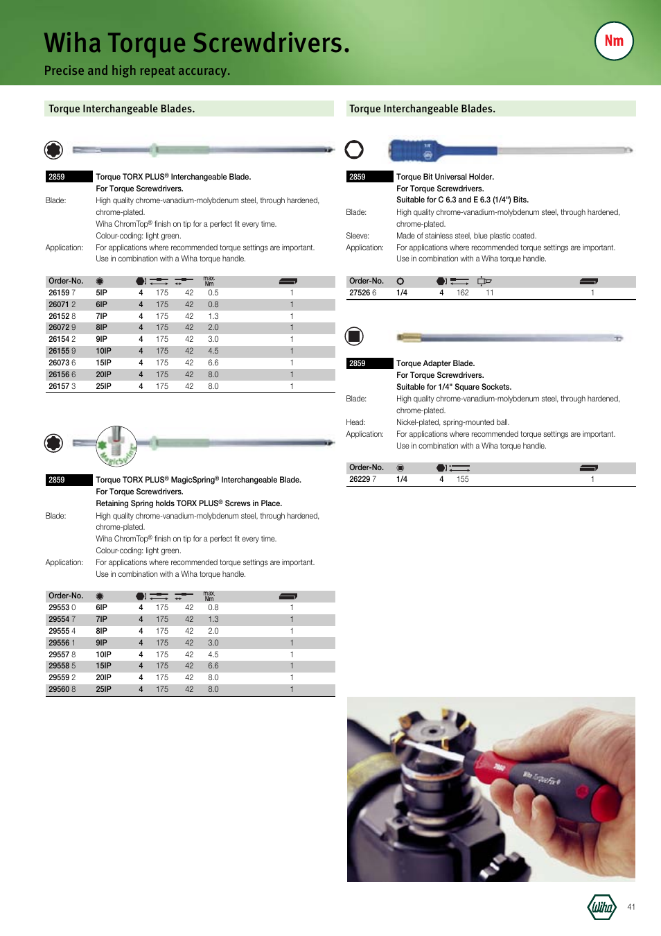 Wiha torque screwdrivers, Precise and high repeat accuracy, Torque interchangeable blades | Wiha Tools Manufacturing Tools brochure User Manual | Page 41 / 60