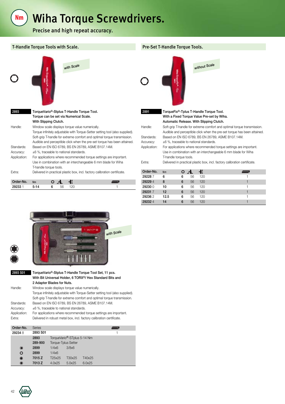 Wiha torque screwdrivers, Precise and high repeat accuracy, T-handle torque tools with scale | Pre-set t-handle torque tools | Wiha Tools Manufacturing Tools brochure User Manual | Page 42 / 60