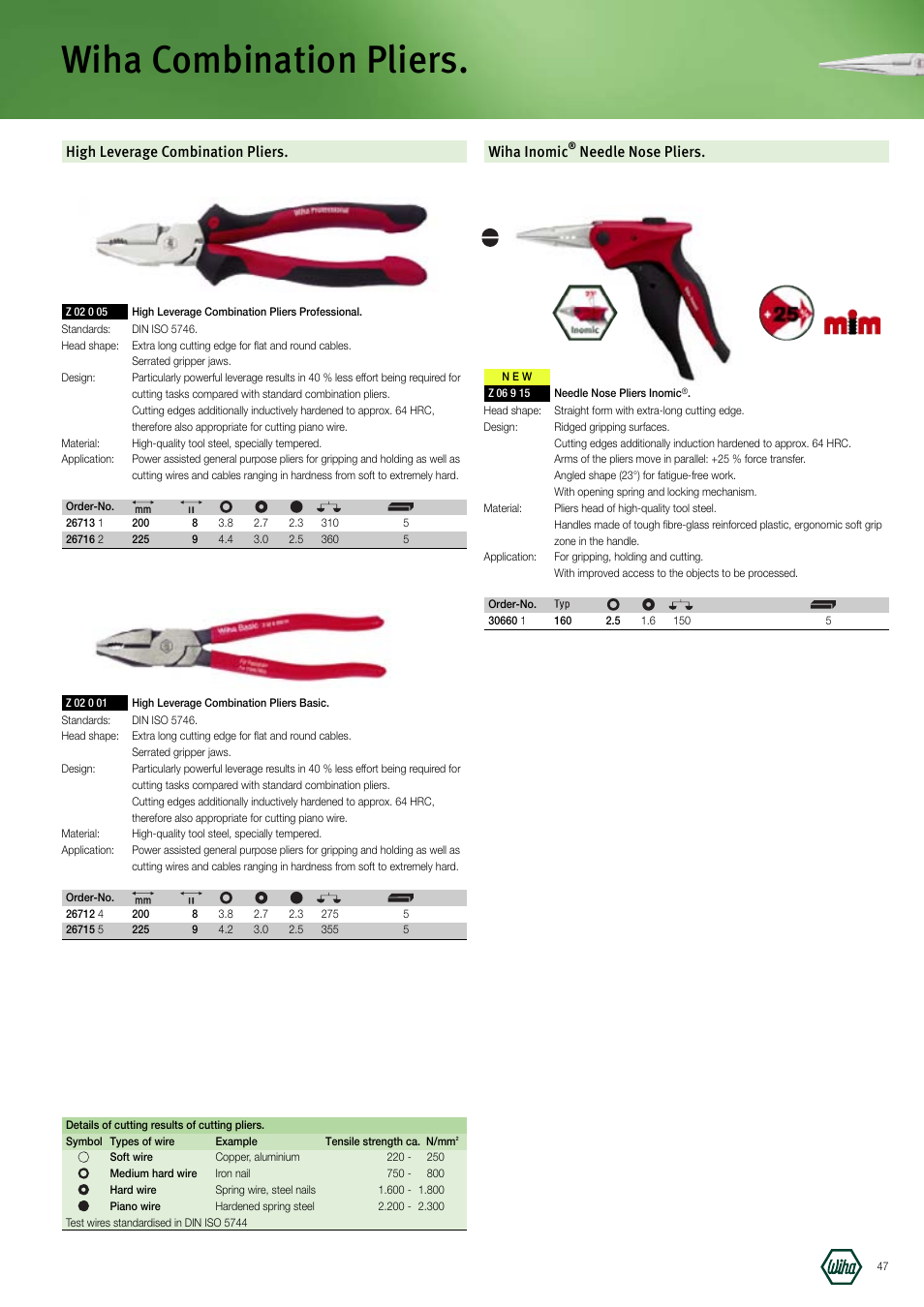 Wiha combination pliers, High leverage combination pliers, Wiha inomic | Needle nose pliers | Wiha Tools Manufacturing Tools brochure User Manual | Page 47 / 60