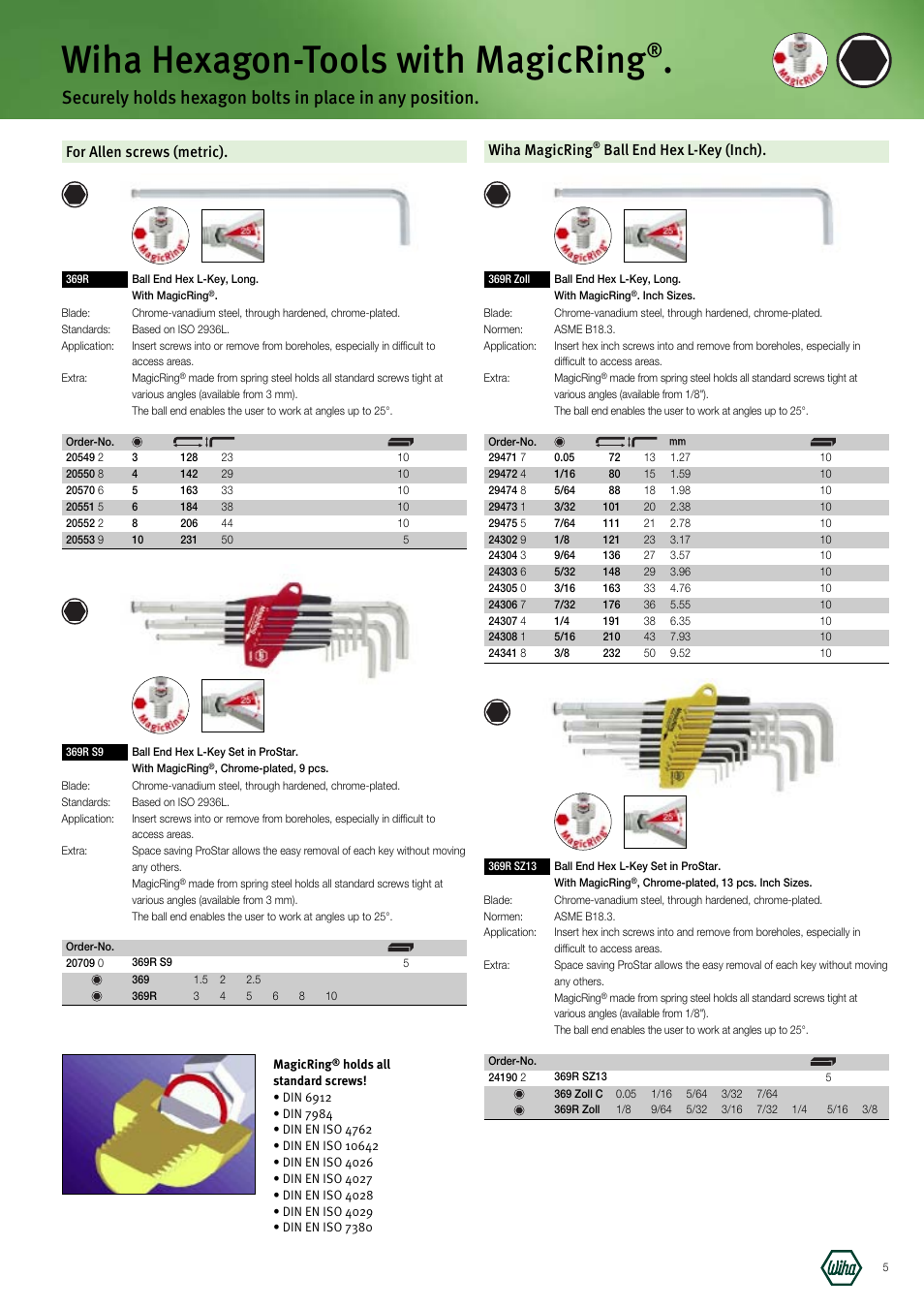 Wiha hexagon-tools with magicring, For allen screws (metric). wiha magicring, Ball end hex l-key (inch) | Wiha Tools Manufacturing Tools brochure User Manual | Page 5 / 60