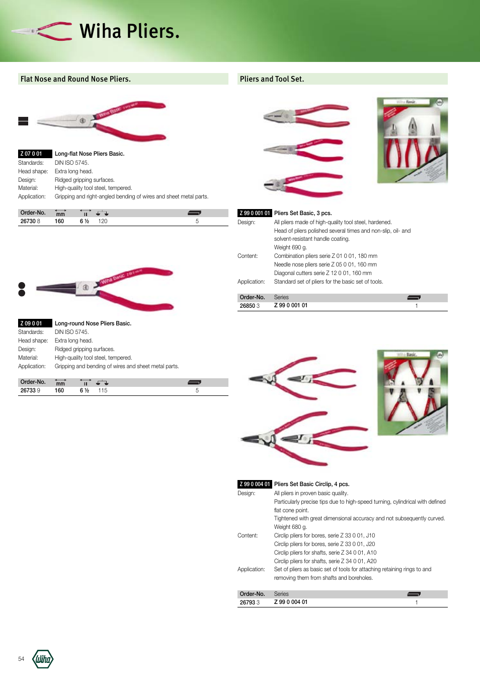 Wiha pliers, Flat nose and round nose pliers, Pliers and tool set | Wiha Tools Manufacturing Tools brochure User Manual | Page 54 / 60