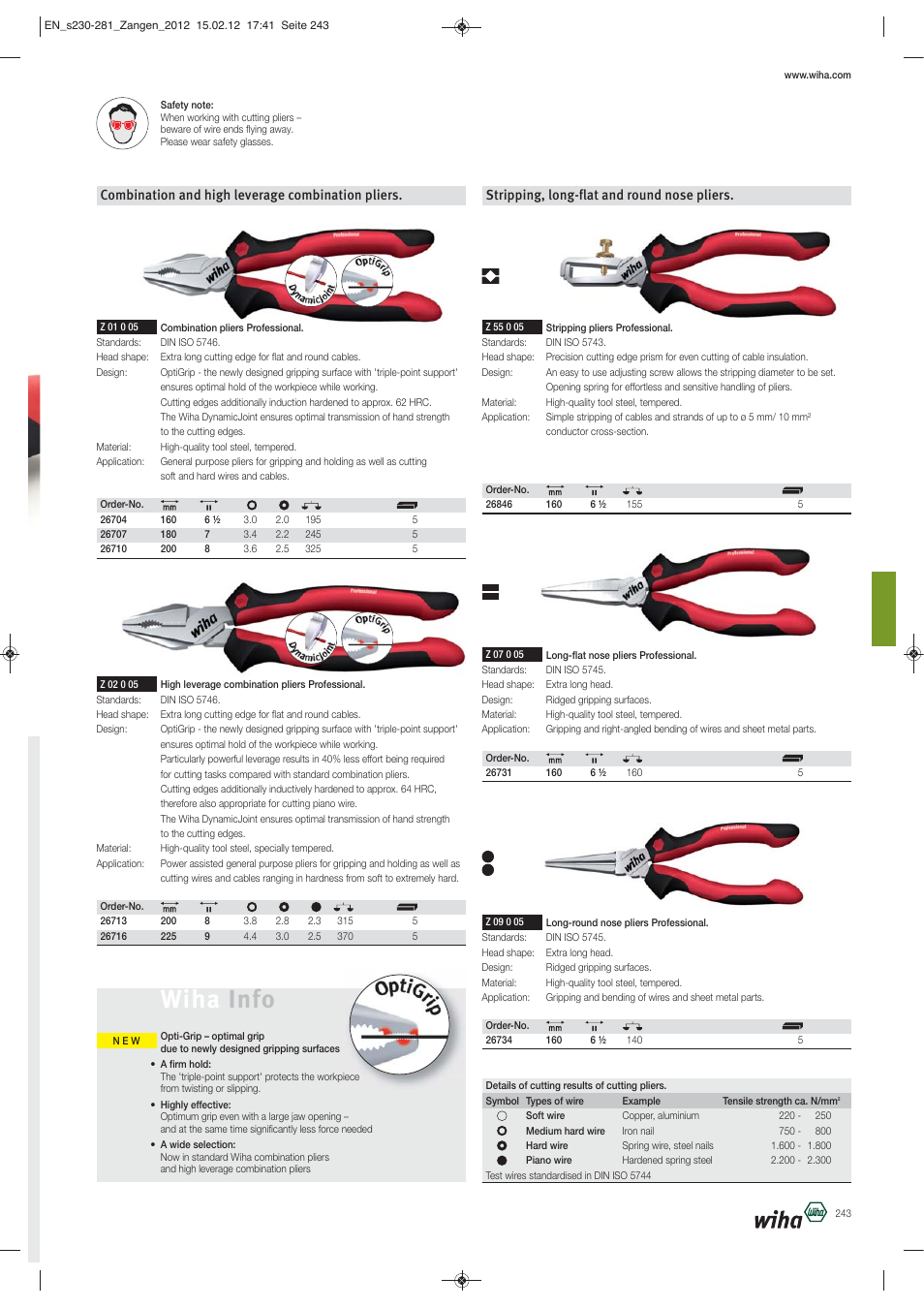 Wiha info, Combination and high leverage combination pliers, Stripping, long-ﬂat and round nose pliers | Wiha Tools Pliers User Manual | Page 14 / 52