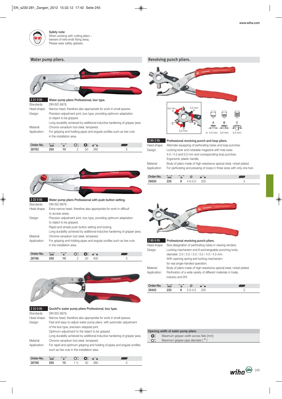 Revolving punch pliers, Water pump pliers | Wiha Tools Pliers User Manual | Page 16 / 52