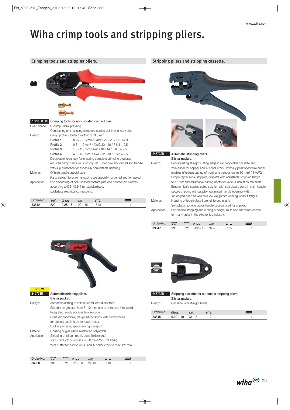 Wiha crimp tools and stripping pliers, Crimping tools and stripping pliers, Stripping pliers and stripping cassette | Wiha Tools Pliers User Manual | Page 24 / 52